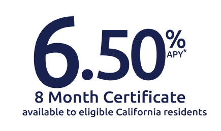 6.50% APY* - 8 month certificate - available to eligible California residents